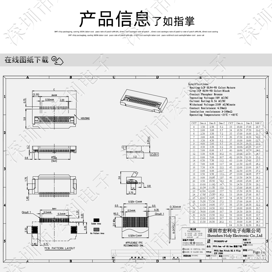 0.5mm-53P 下接翻蓋式 FFC/FPC扁平電纜插座連接器 軟排線插座