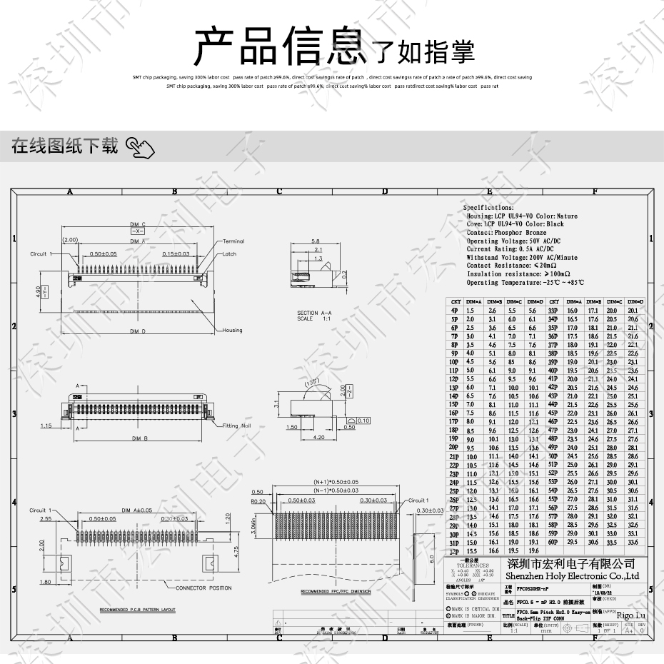 fpc線路板接頭0.5-12P 2.0H前插后掀蓋式上下雙面接臥貼式插座