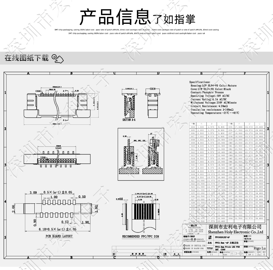 FFC/FPC軟排線0.5mm間距-60P立貼正錯位帶鎖 軟排線插座FPC連接器