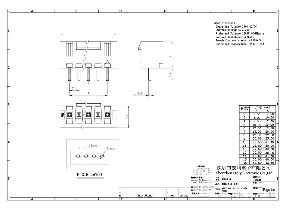 XH針座 直針座 11A 2.54MM間距連接器 180度直針 接插件,宏利